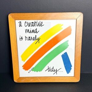 Vintage Christine Tile Wall Hanging “a Creative Mind Is Rarely Tidy…” Wood Frame
